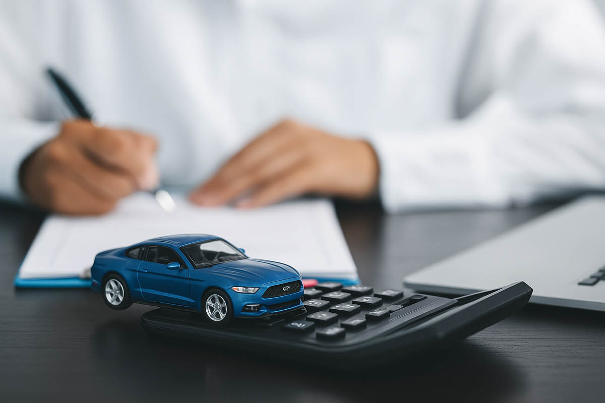 Spielzeugwagen, liegt auf Taschenrechner