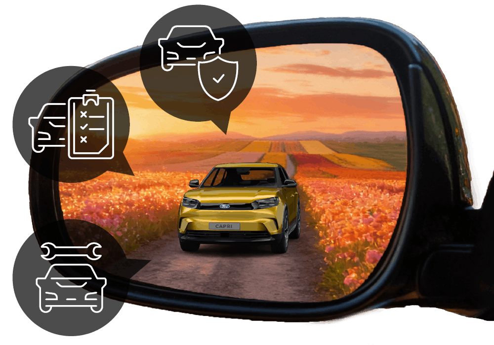 Im Rückspiegel eines Autos sieht man einen gelben SUV, der bei Sonnenuntergang durch blühende Felder fährt. Darüber liegen drei Piktogramme: Checkliste/Inspektion, Schutz/Versicherung und Wartung/Reparatur.