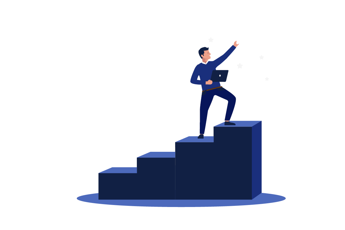 Grafik von einem Mann, der auf einer Treppe steht und nach den Sternen greift