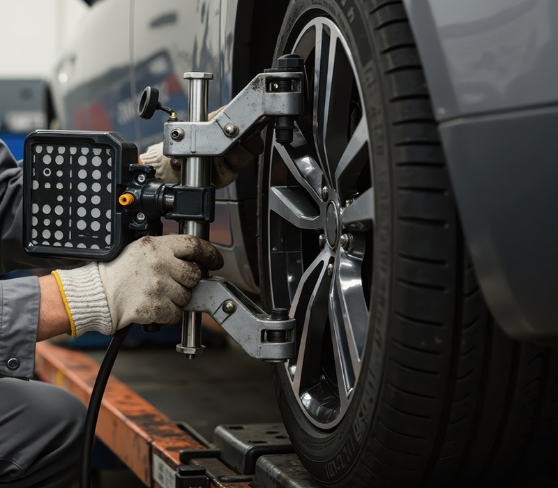Mitarbeiter führt Achvermessung durch